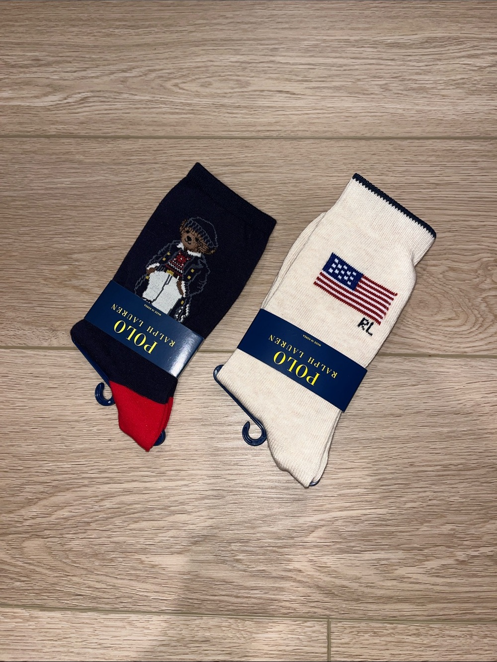 Polo by Ralph Lauren Navy & Cream Crew Socks with Bear and Flag Motifs